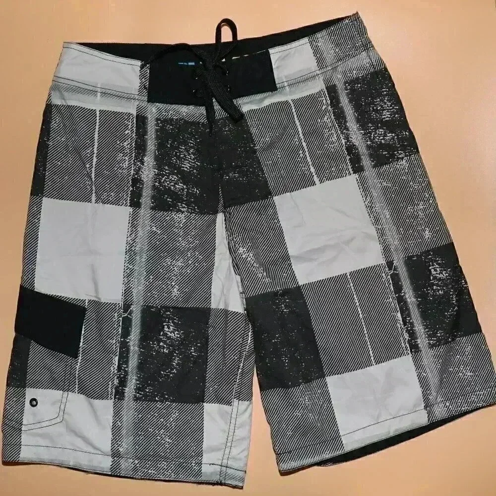 Blue Sol Gray Black Geometric‎ Swim Trunks Size 34 Summer Beach Board Shorts